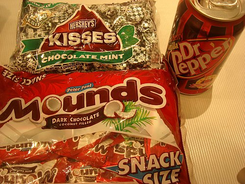 Hershey's Kisses Chocolate Mint, Peter Paul's Mounds, Black Cherry Vanilla Dr. Pepper