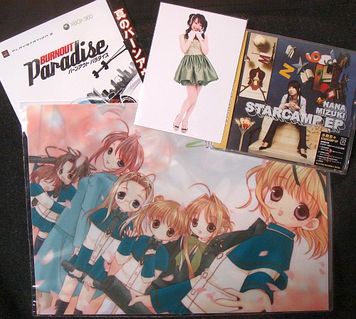 Burnout Paradise intro. pamphlet, Nana Mizuki's Starcamp EP CD with promide photo, Iris clear file