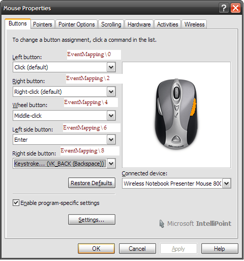 Intellipoint 6.x setting pane, with respective Registry entry highlighted