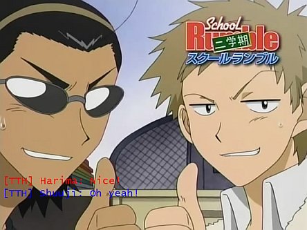 From School Rumble 2 episode 12: Harima and young bro Shuuji see eye to eye on Tsakamoto date.